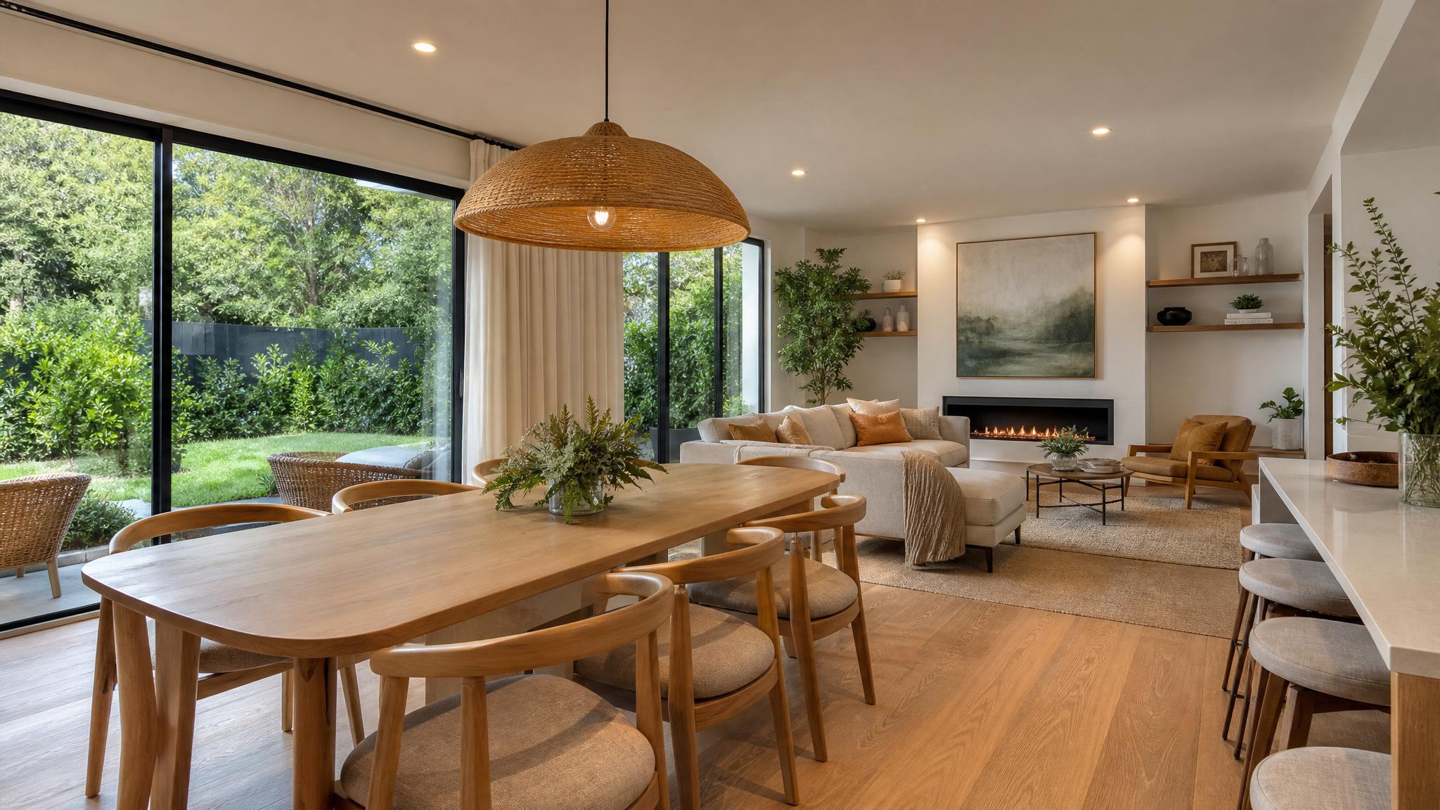 Layout of a multifunctional open-plan living area with dining and lounge zones