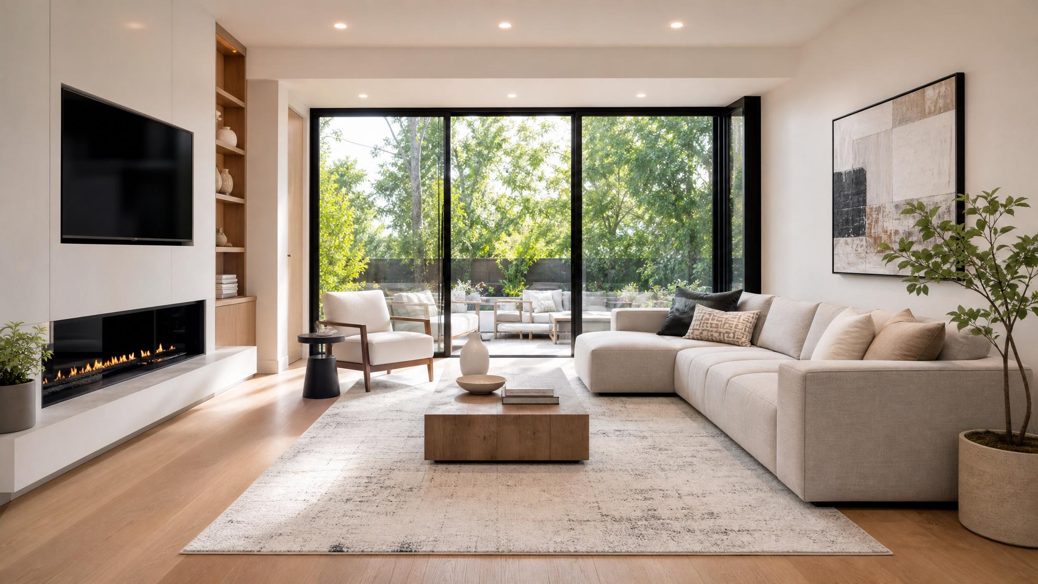 Image of a contemporary living room layout with minimalistic furniture.