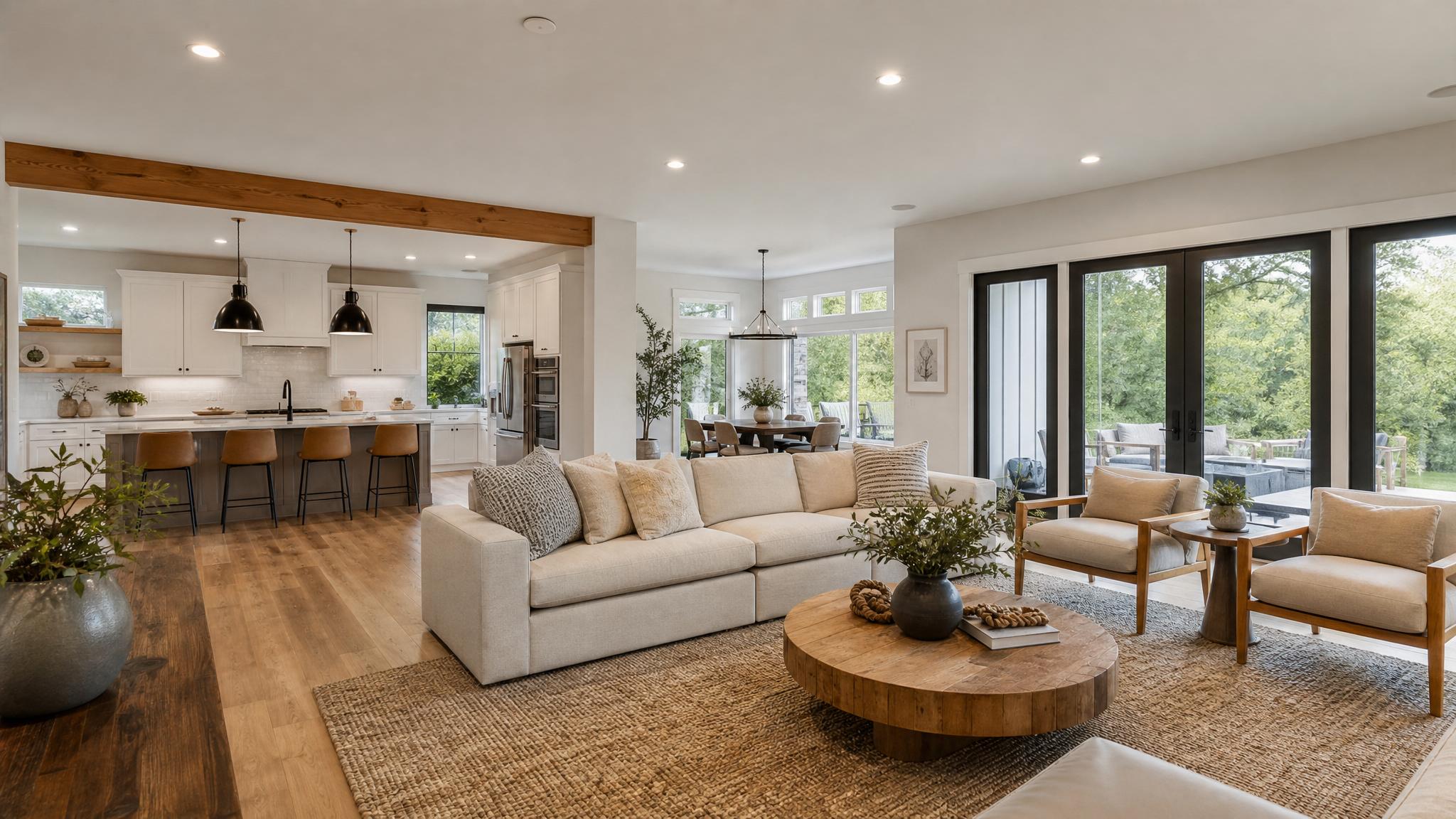 Image of an open concept living room with zones defined by furniture layout.