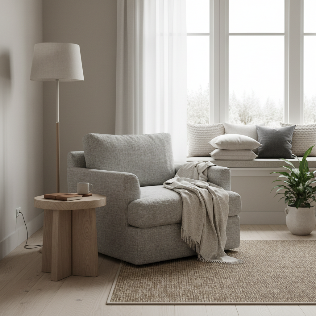 A beautifully staged Nordic reading nook with neutral colors, a comfy chair, and natural lighting.