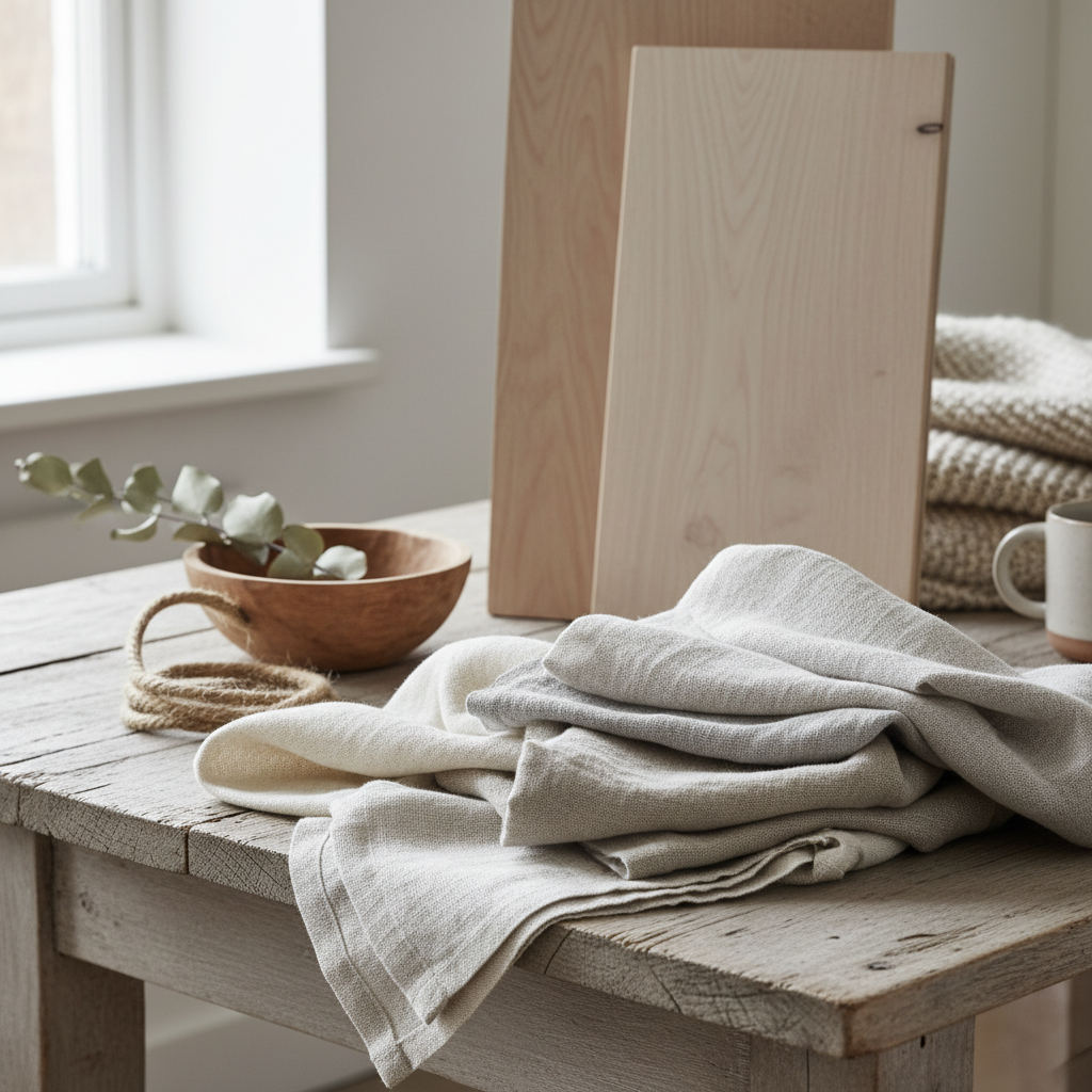 Close-up shot of Nordic design materials like wood and linen fabrics.