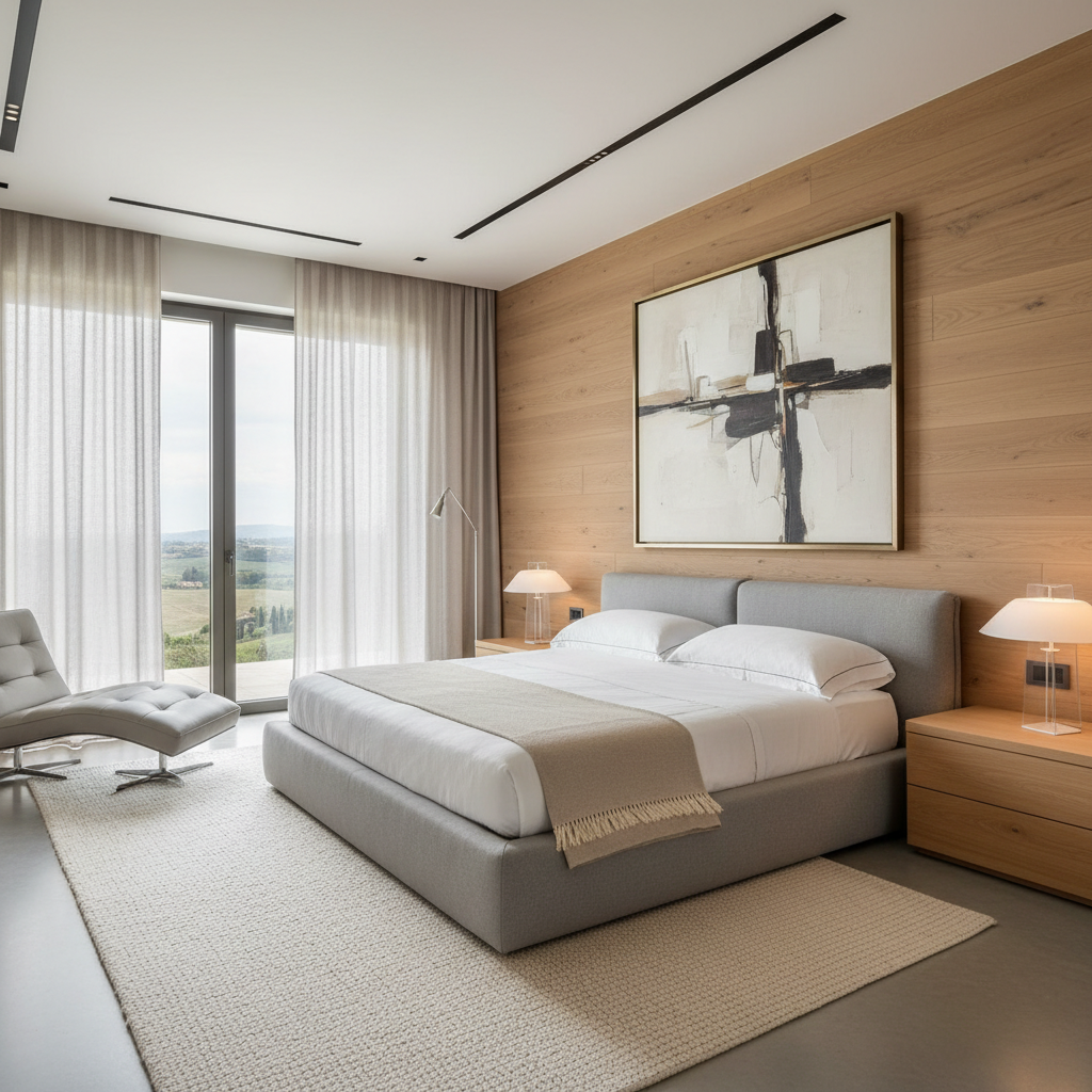 Image of an elegant Italian modern master bedroom featuring clean lines and neutral palettes.