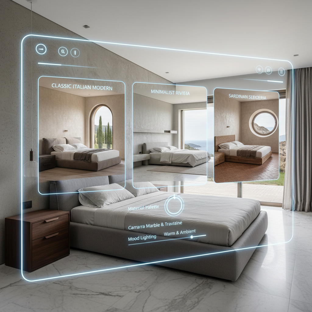 Image of an AI interface showing design options for an Italian modern master bedroom.