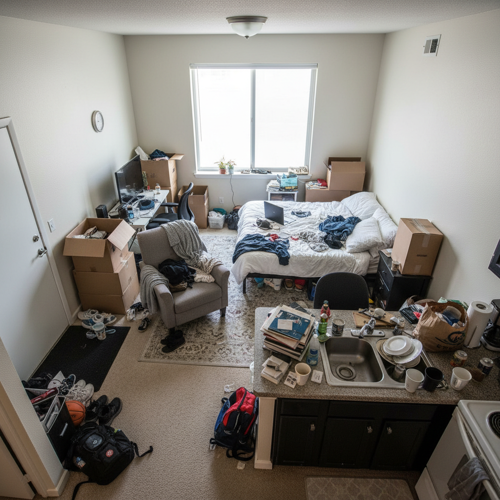 Example of a cluttered studio before organizing