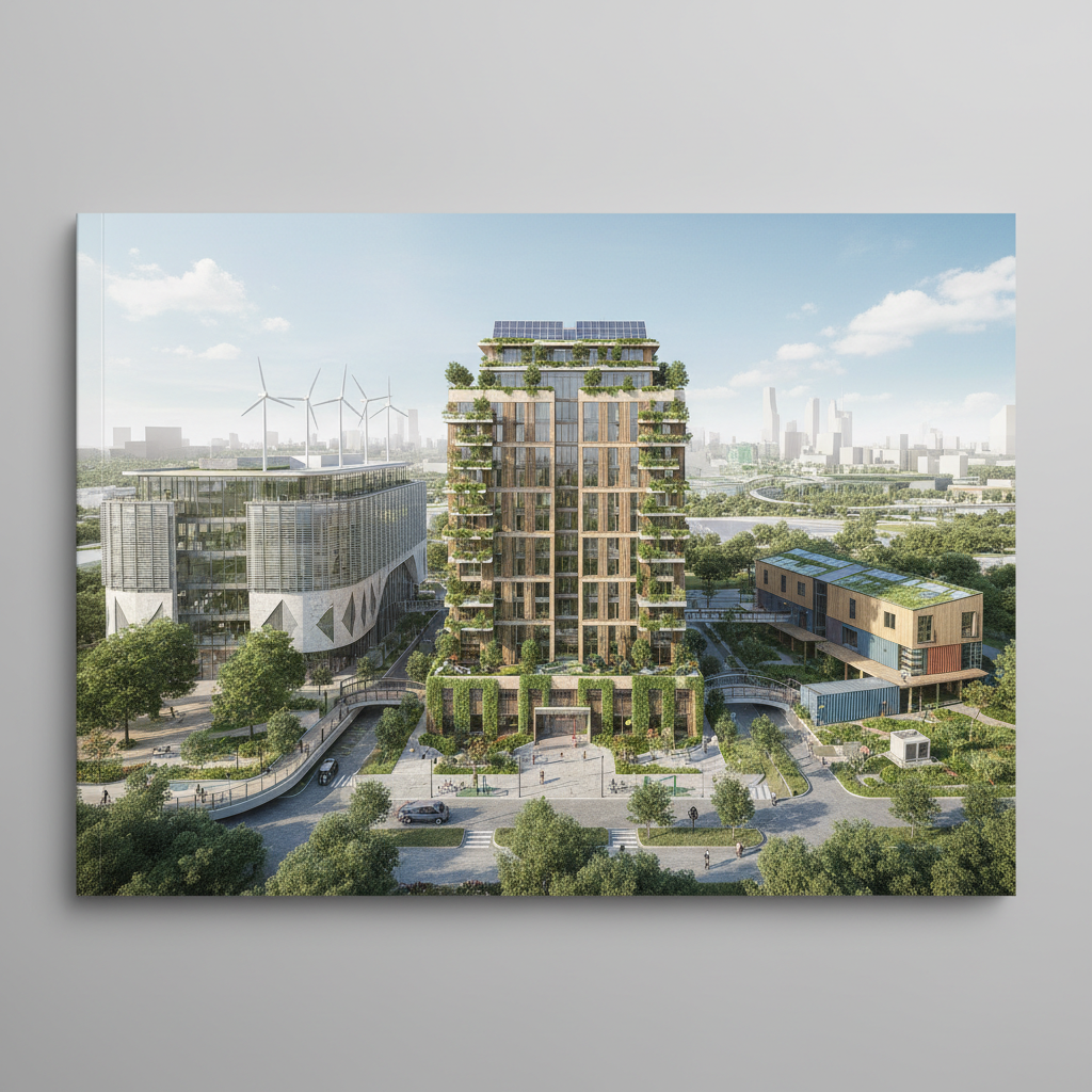 A graphic showcasing sustainable buildings