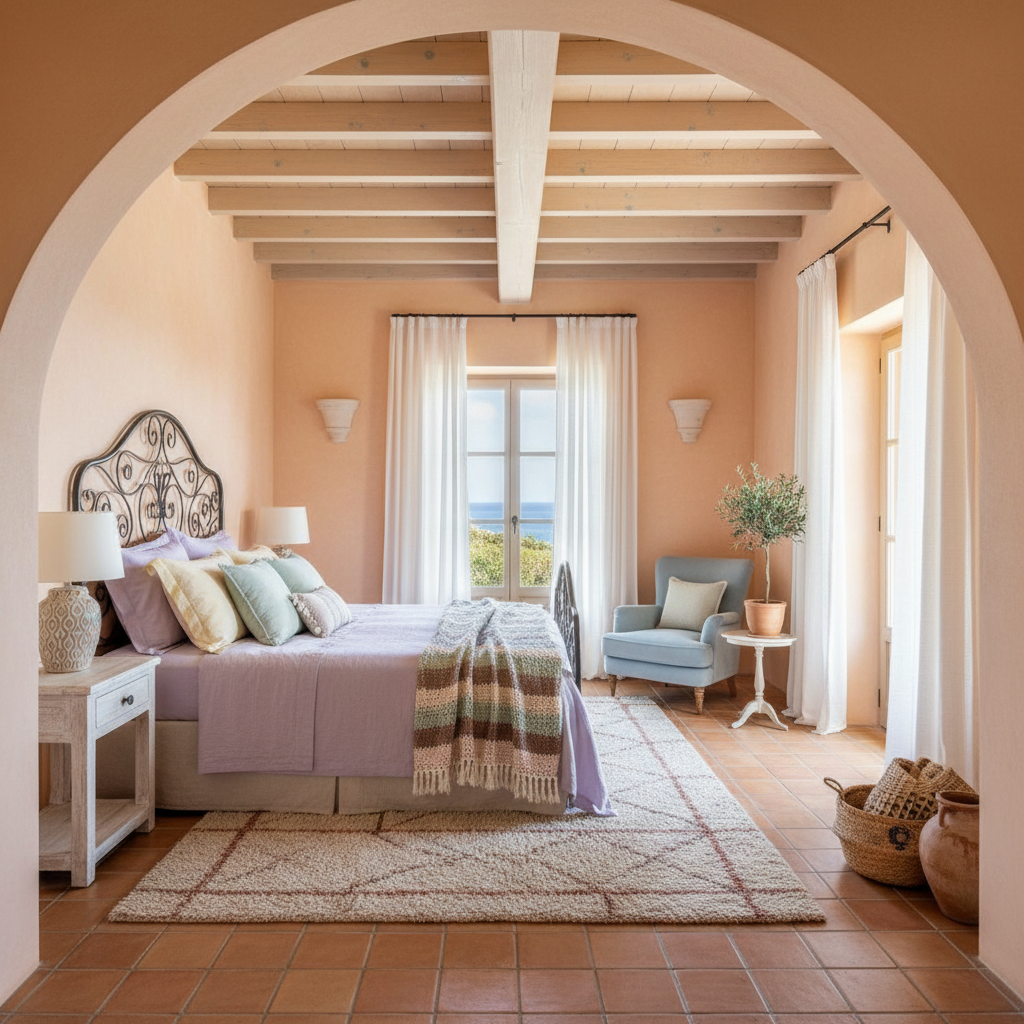 Beautiful Mediterranean master bedroom with terracotta tiles and pastel colors.