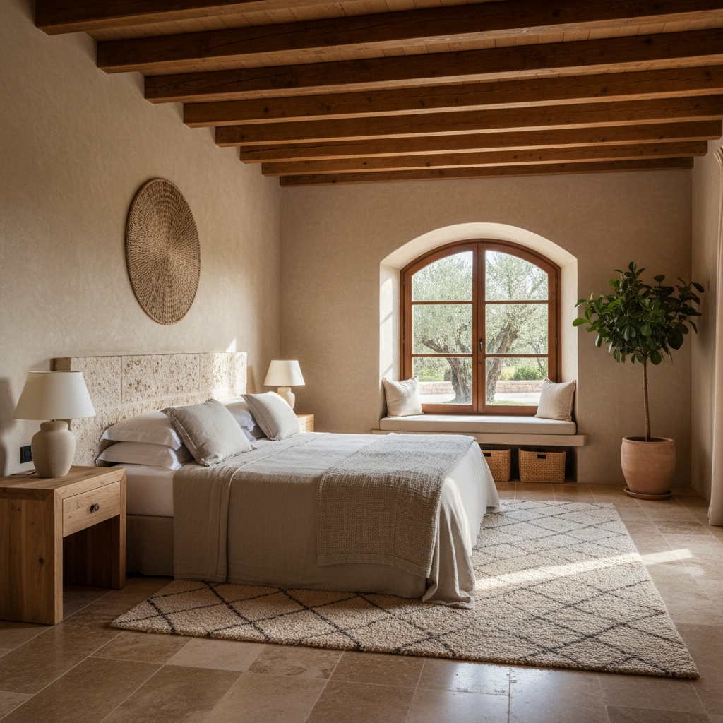 Natural materials like wood and stone in a Mediterranean bedroom.