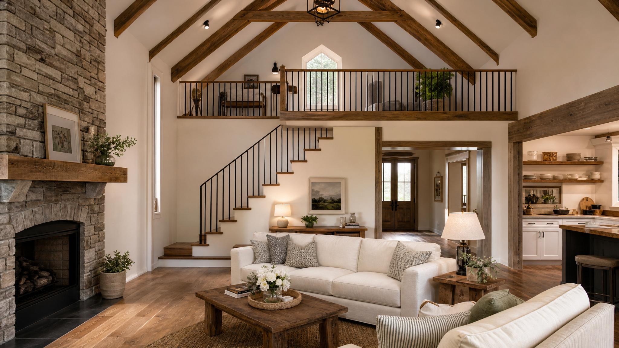 Cozy farmhouse living room with rustic decor and a small loft space