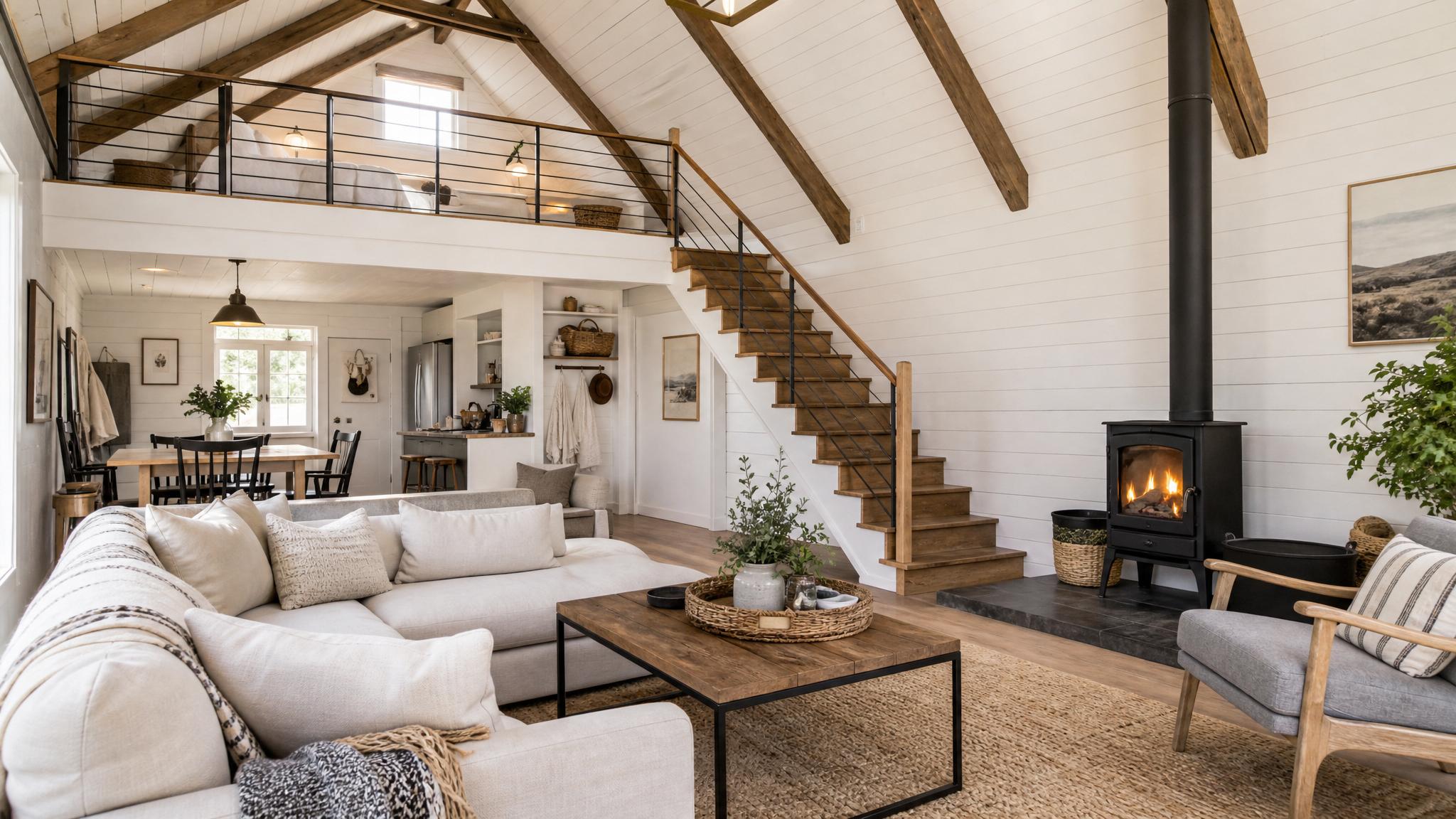 AI-generated layout of a small farmhouse living room in a loft