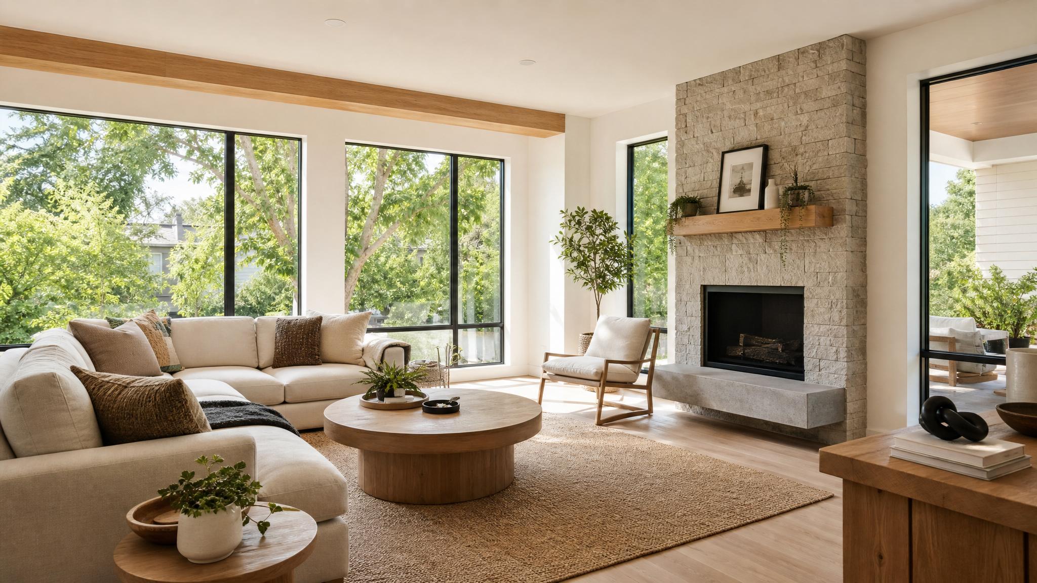 Example of a living room flooded with natural light.
