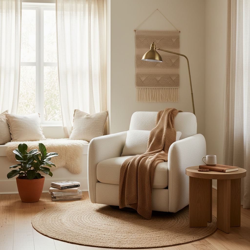 A beautifully designed warm minimalist reading nook with natural light
