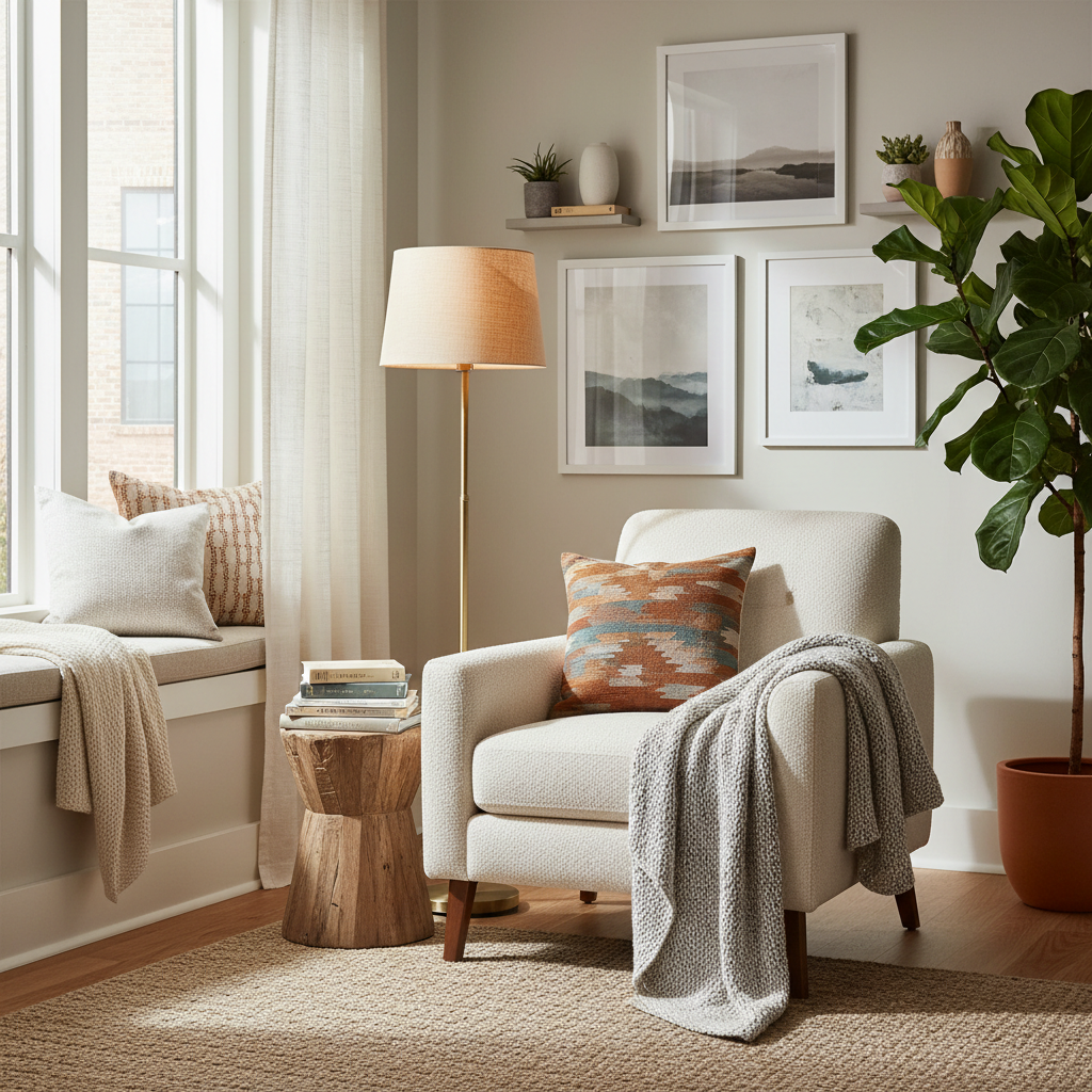 An inviting reading nook featuring a cozy armchair and warm decor