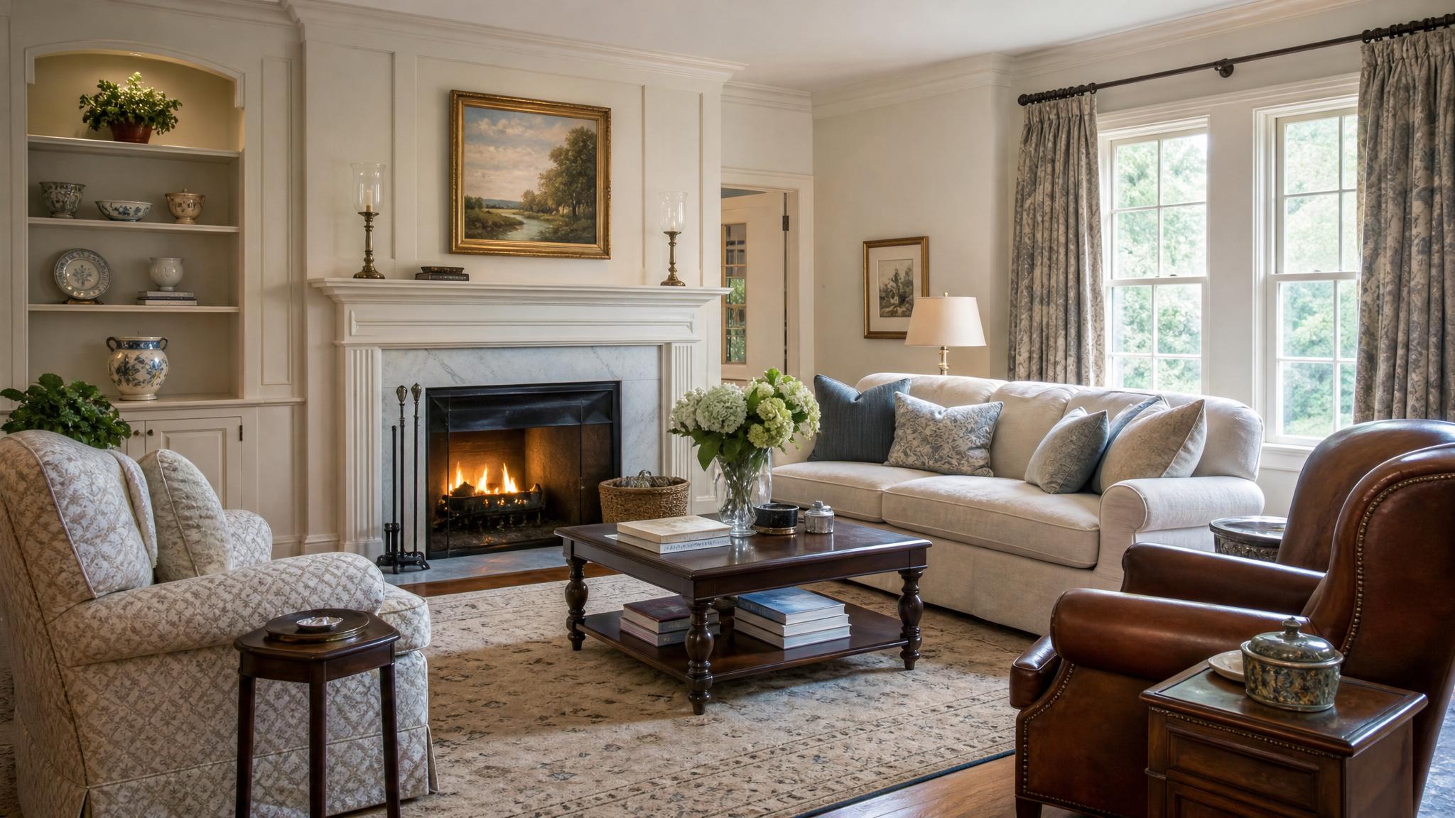 A beautifully arranged traditional living room featuring classic furniture pieces.