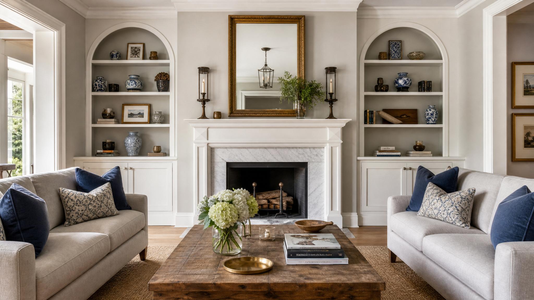 A traditional living room layout showcasing a symmetrical arrangement with a central focal point.