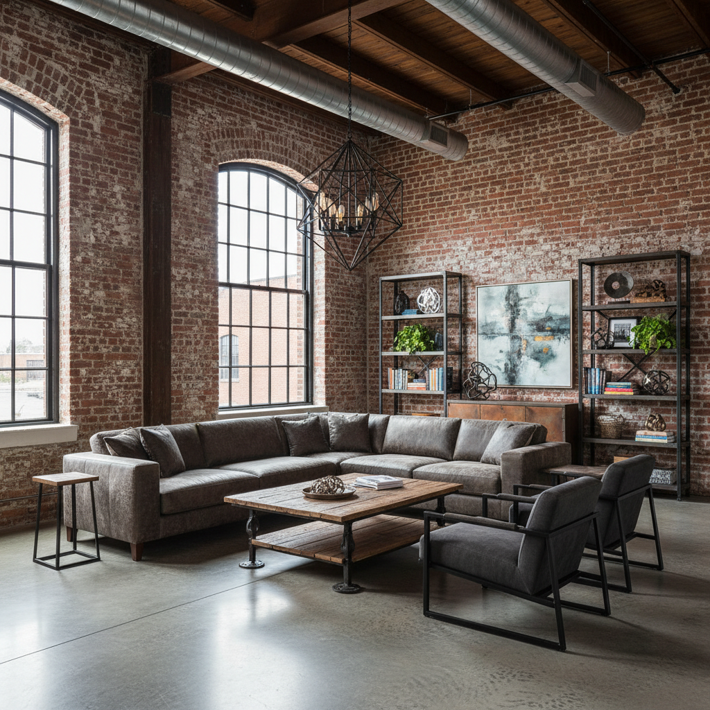 Image of an industrial style living room with exposed brick and metal accents.