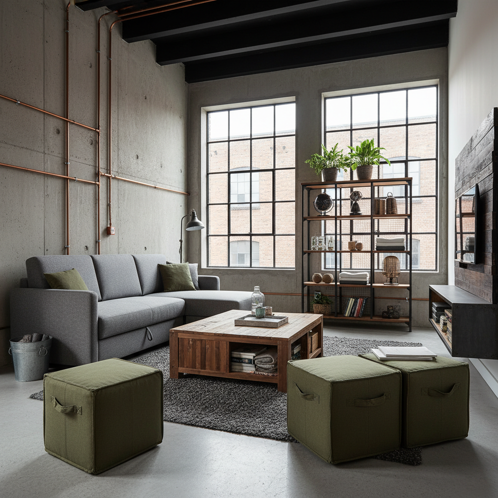 Image of functional furniture in a small industrial living room.