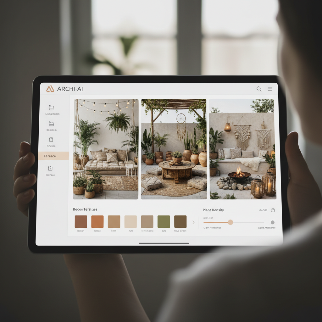 AI design tool interface displaying bohemian terrace styles
