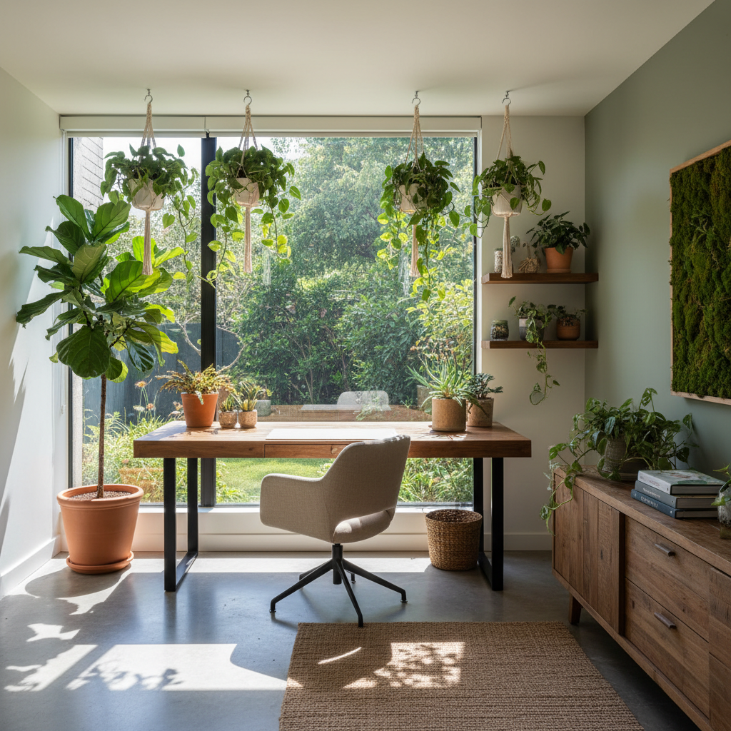 Image of a biophilic home office with plants and natural light.