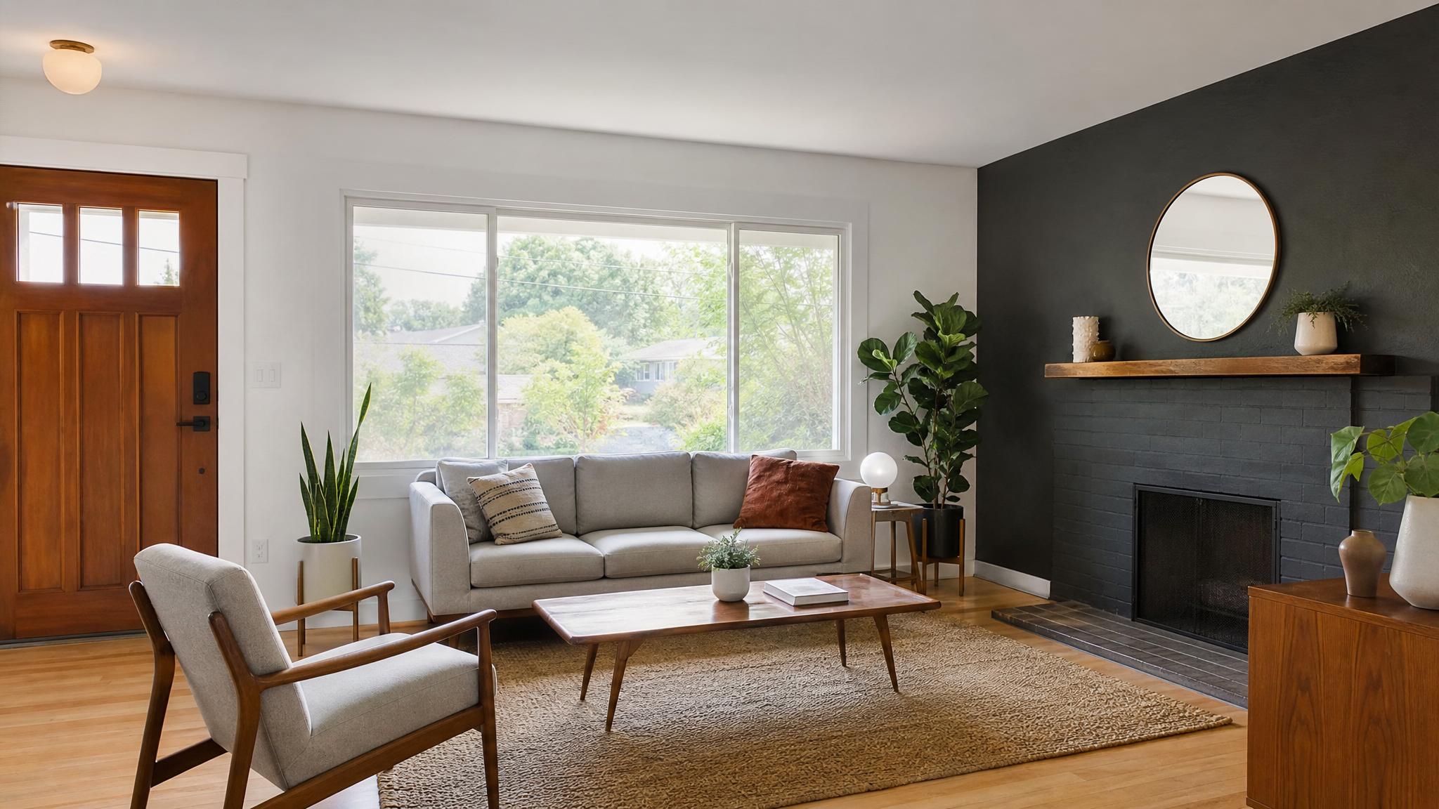 Image of a small mid-century modern living room with clean lines and minimal furnishings.