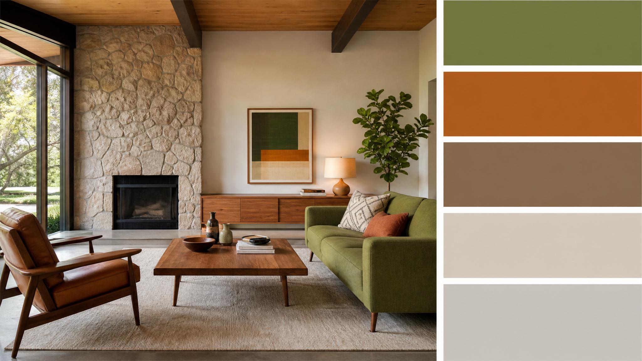 Image showing a color palette for mid-century modern living rooms.