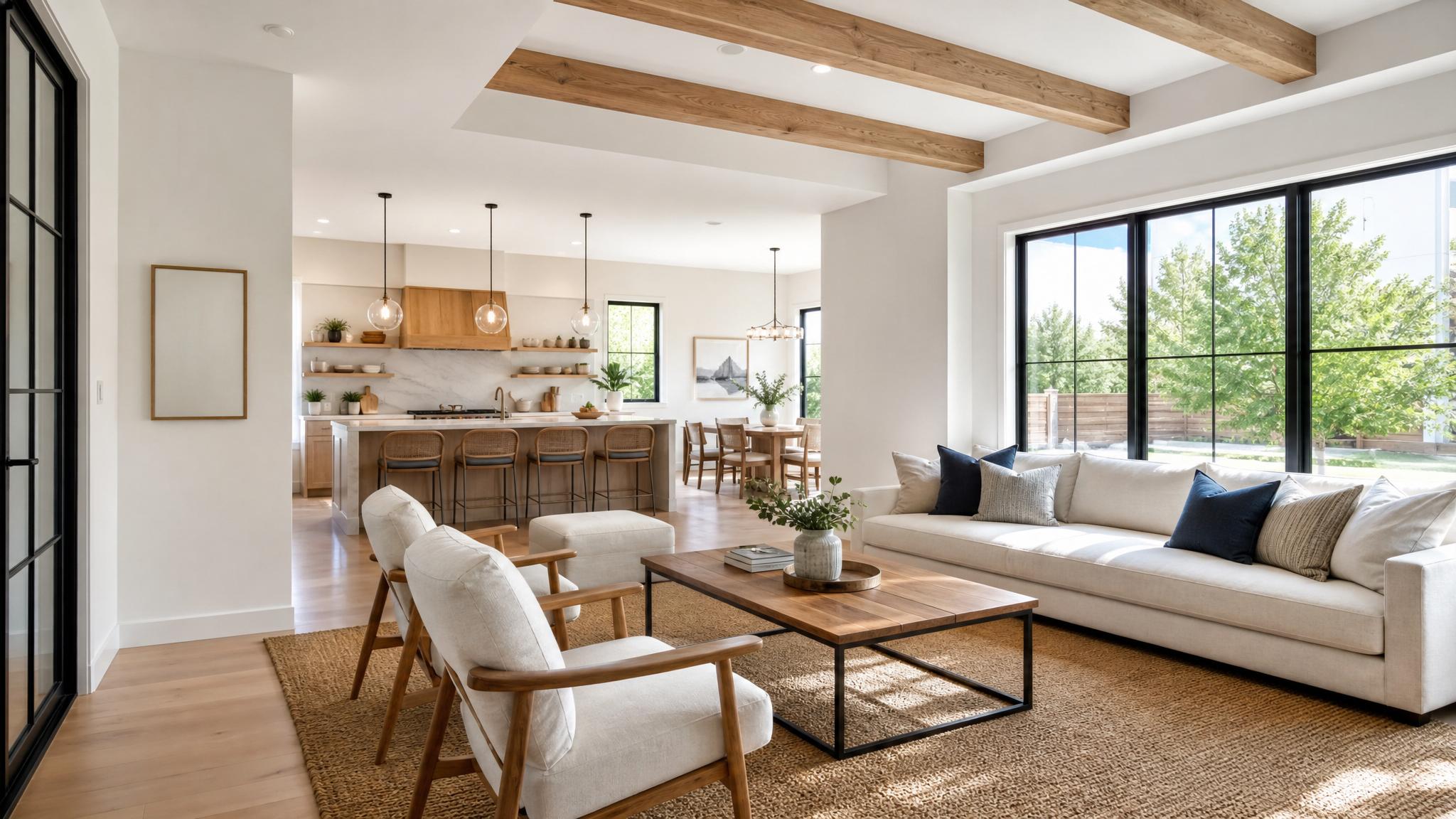 A beautifully designed open-plan living room showcasing natural light and modern furnishings.