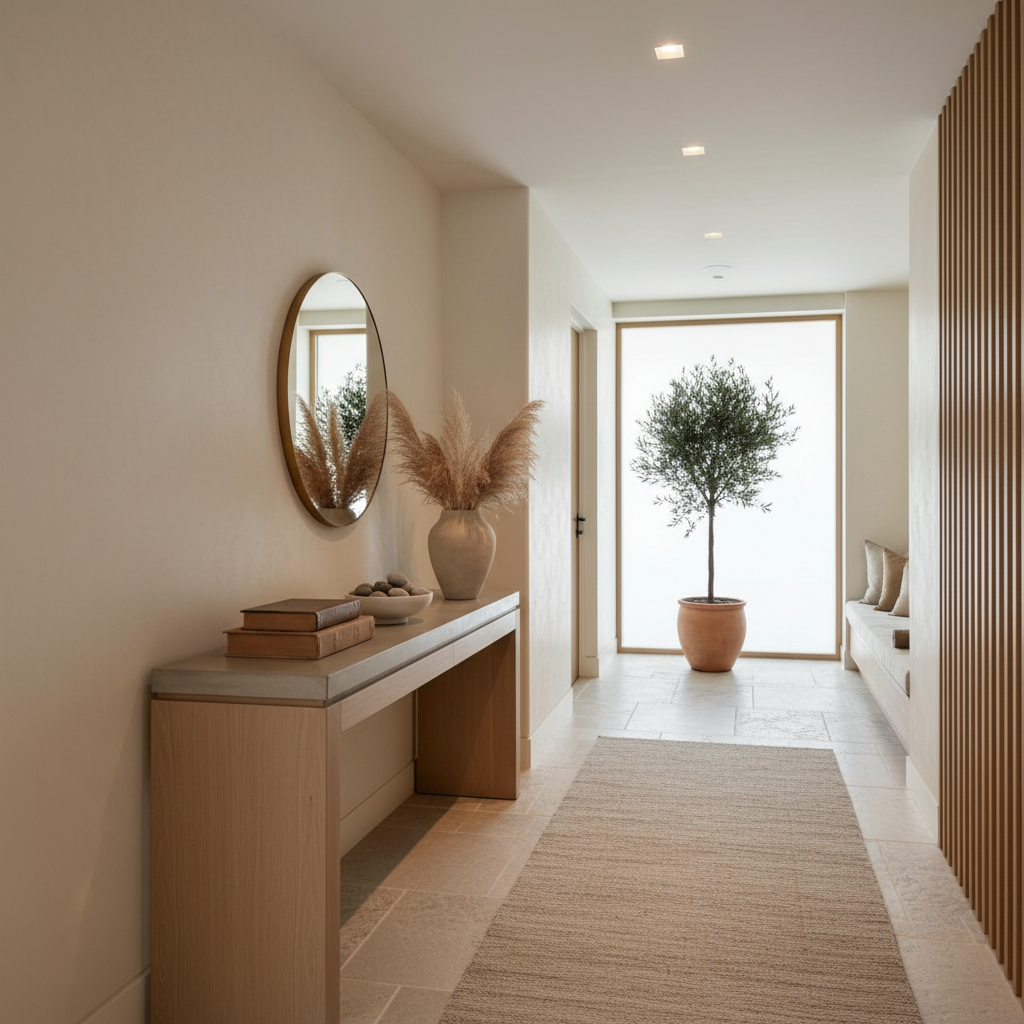 An elegant hallway with soft lighting, minimalist decor, and natural elements, showcasing a quiet luxury aesthetic.