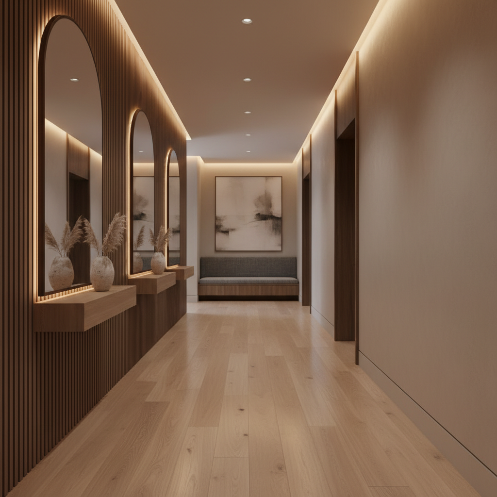 A tranquil hallway with soft recessed lighting, wood accents, and minimalist decor, illustrating the steps of quiet luxury.