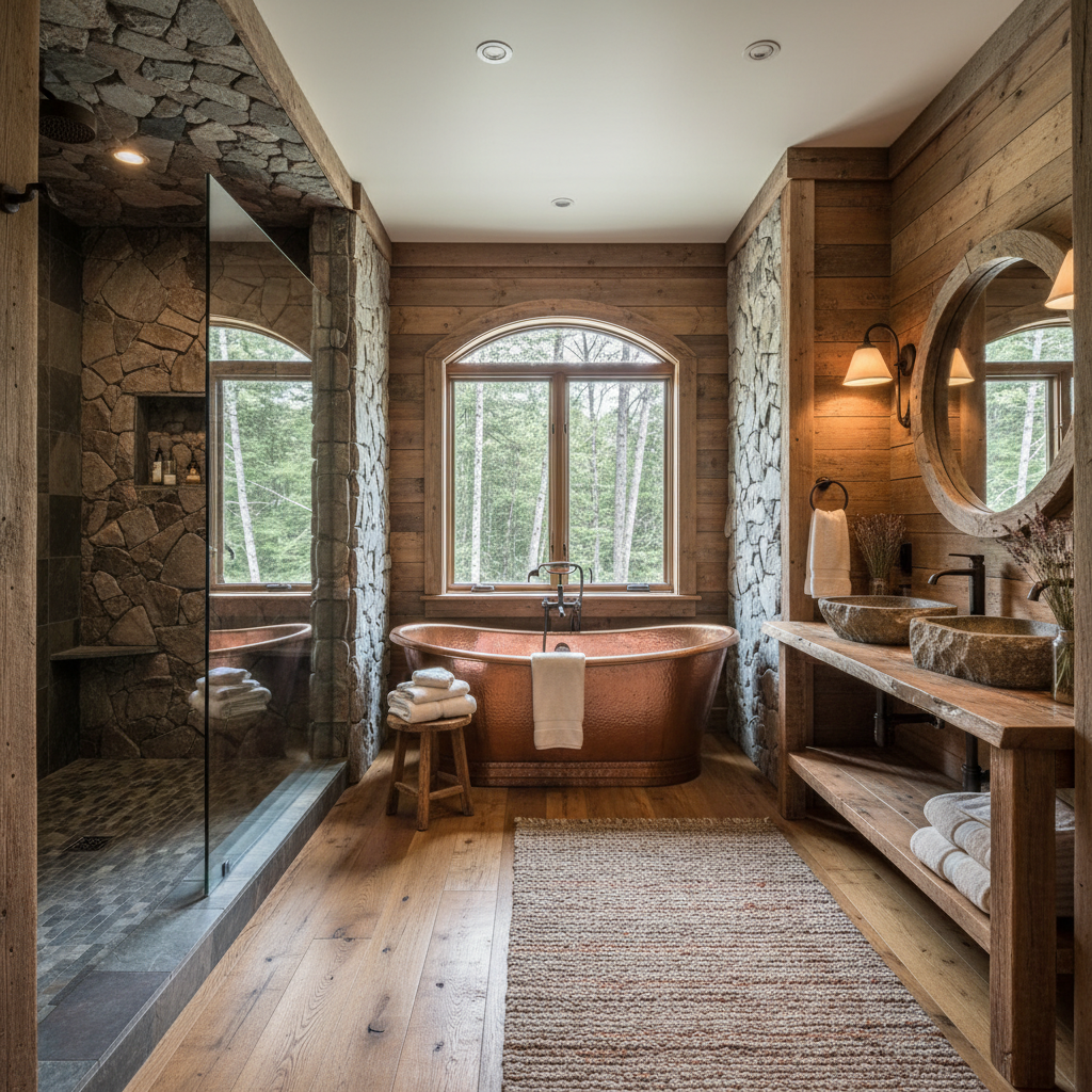 Image of a beautifully designed rustic bathroom featuring wood and stone elements.