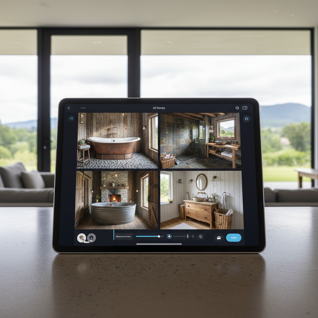 Image of an AI interface showing rustic bathroom design options.