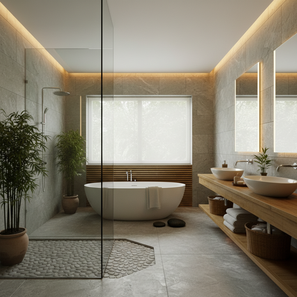 A serene zen bathroom with natural stone, bamboo, and soft lighting.