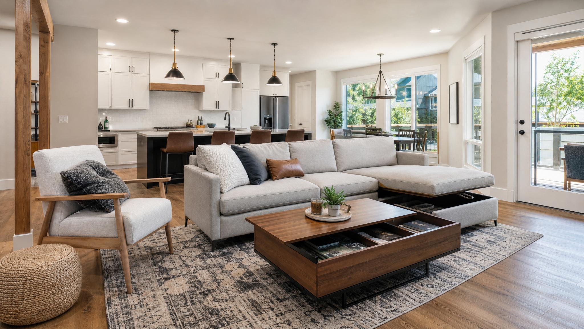 A bright, open-concept living room with multi-functional furniture.