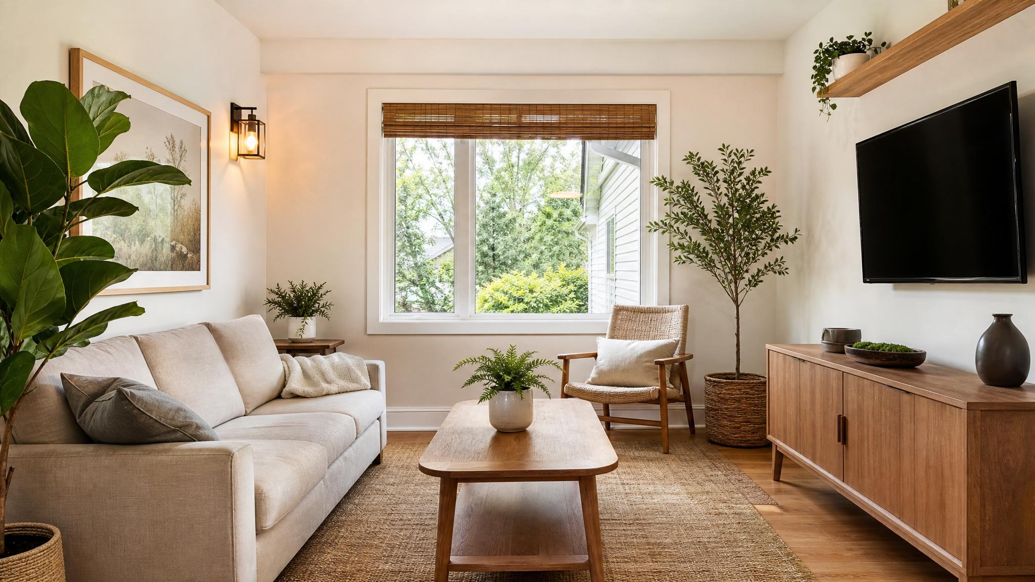 Small living room featuring natural elements like plants and wooden furniture.