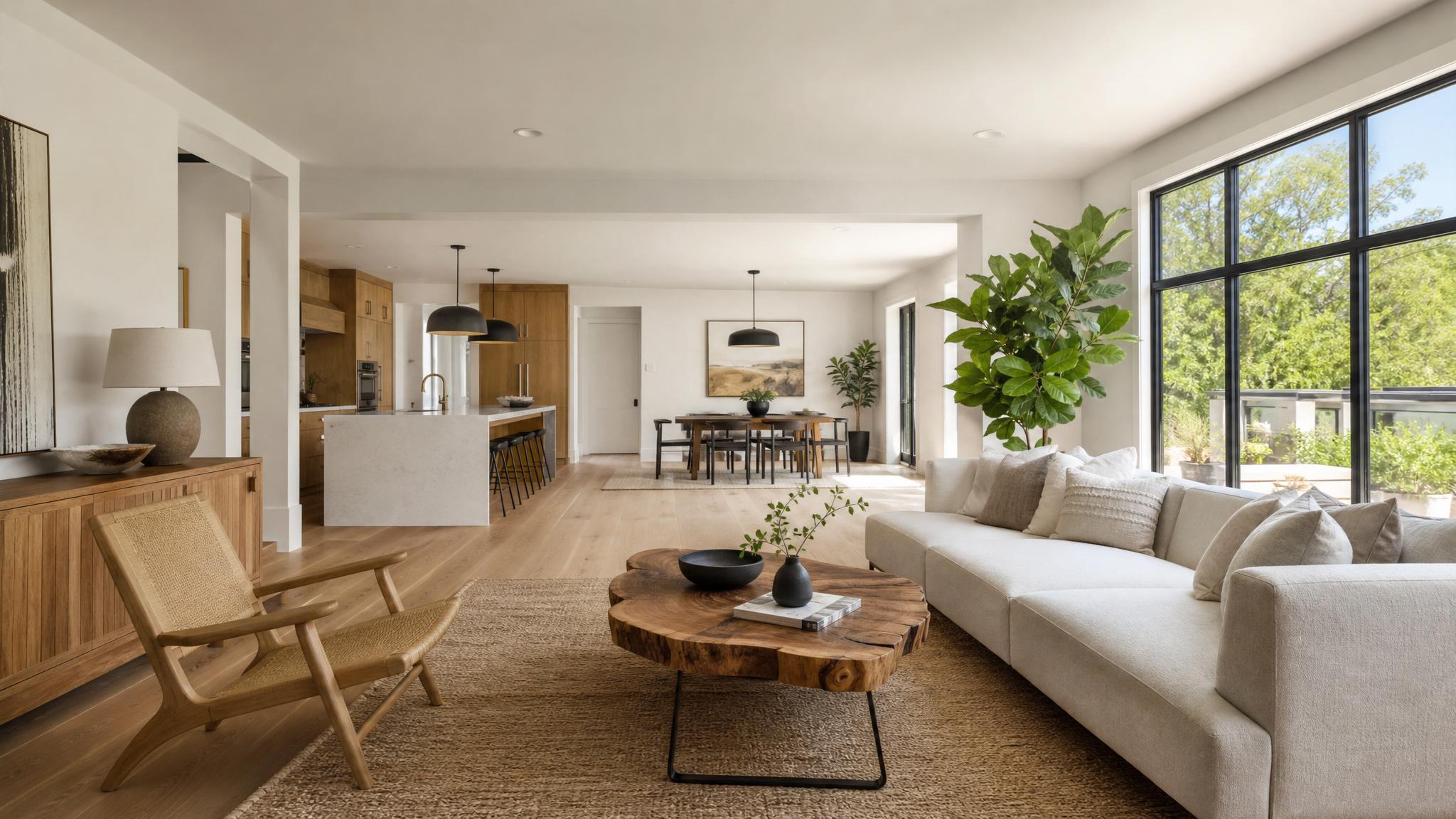Open-plan living room with warm minimalism furniture layout
