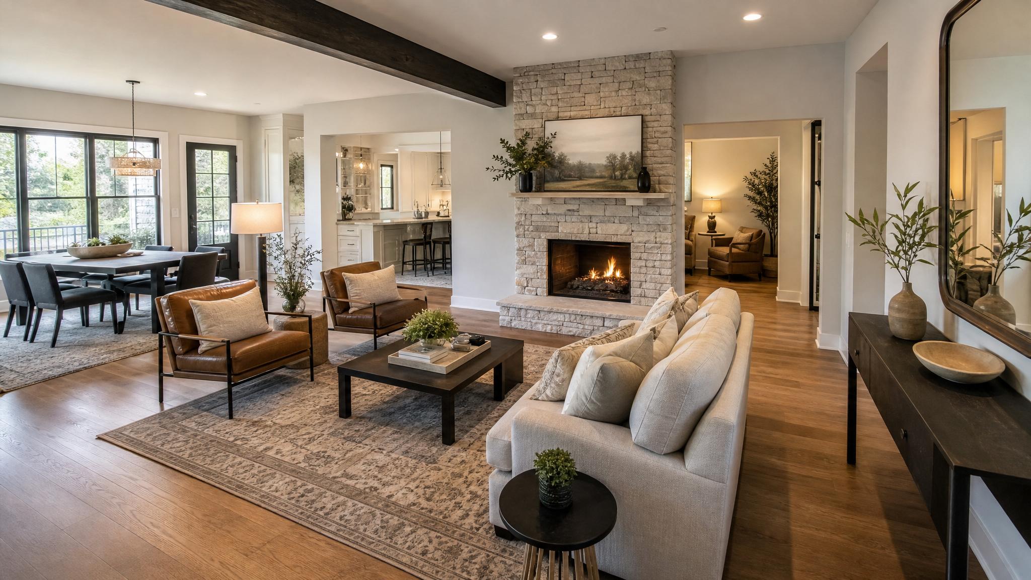 Furniture arrangement showing distinct areas in an open-plan living room