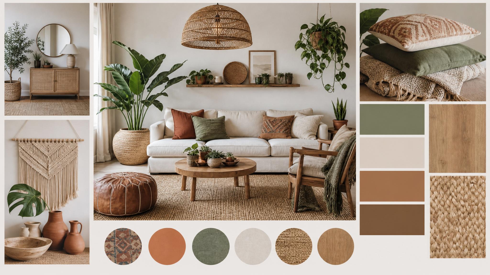 Design plans or mood board for the bohemian living room transformation