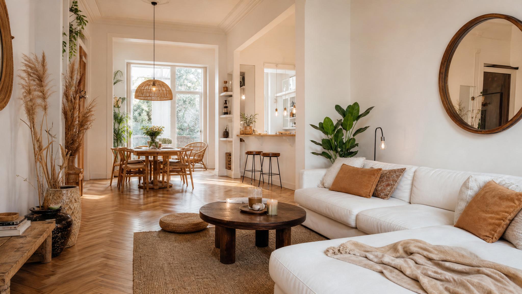 After image of the bohemian open-plan living room in a Vienna row house