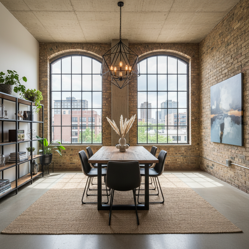 Image of an urban loft with a stylish dining room, featuring industrial-style lighting and large windows.