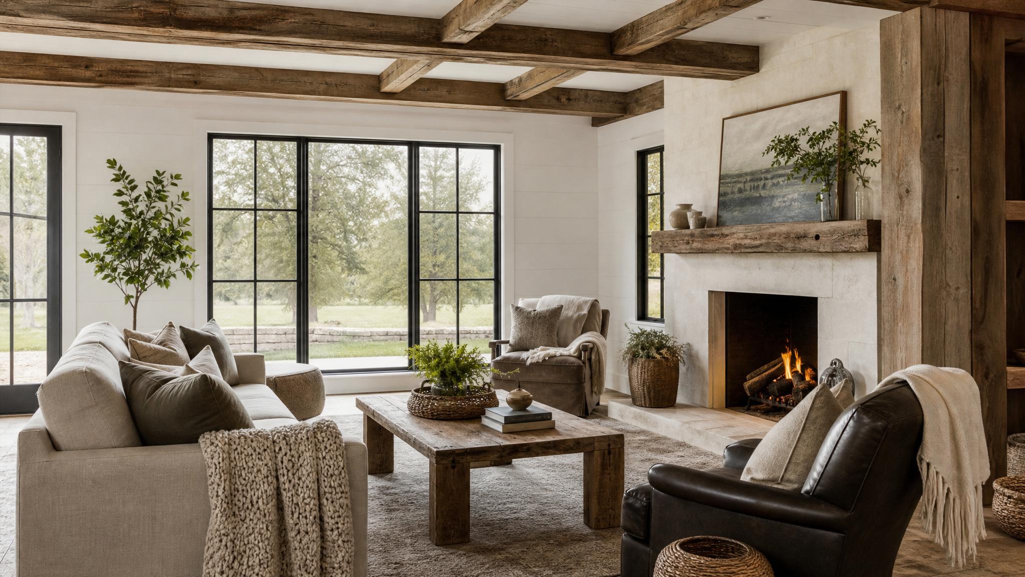 Image of a cozy farmhouse living room with rustic wood elements