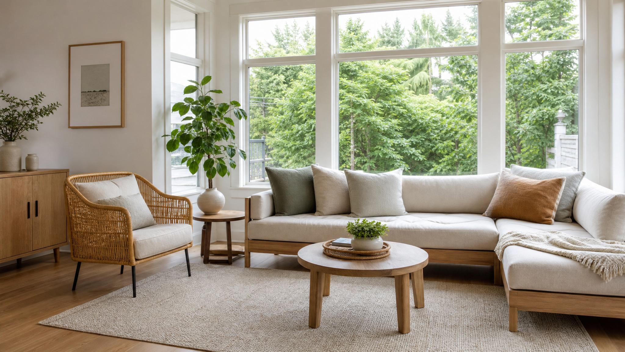 A small living room with large windows showing greenery outside.