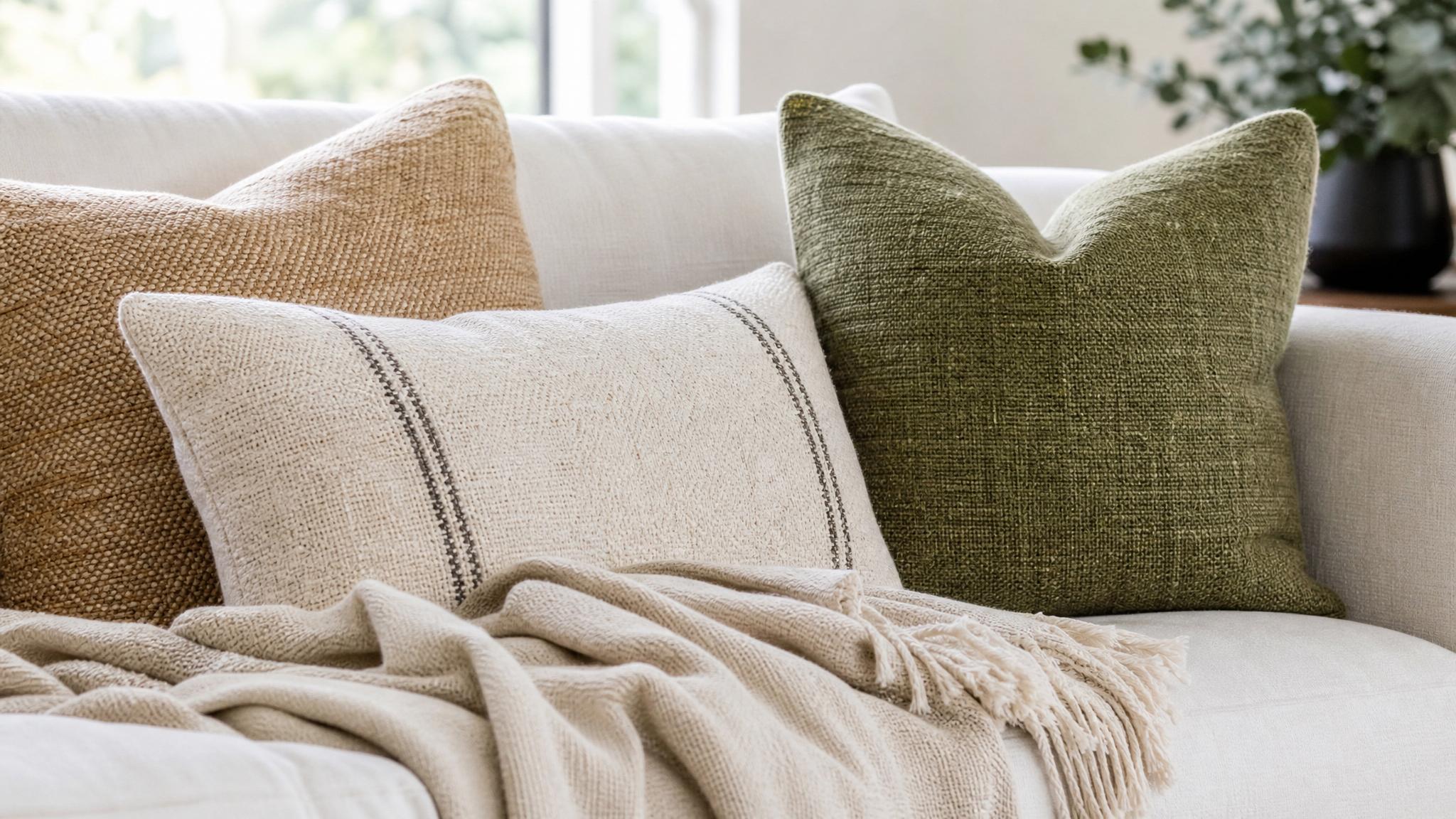 A close-up of textured cushions and organic textiles on a couch.