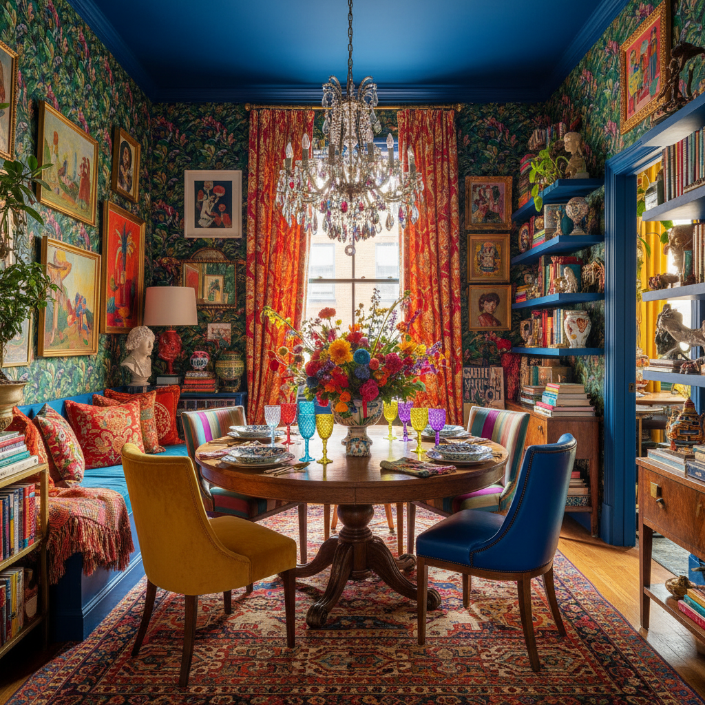 An example of a vibrant, maximalist dining room featuring bold colors and various decor elements.