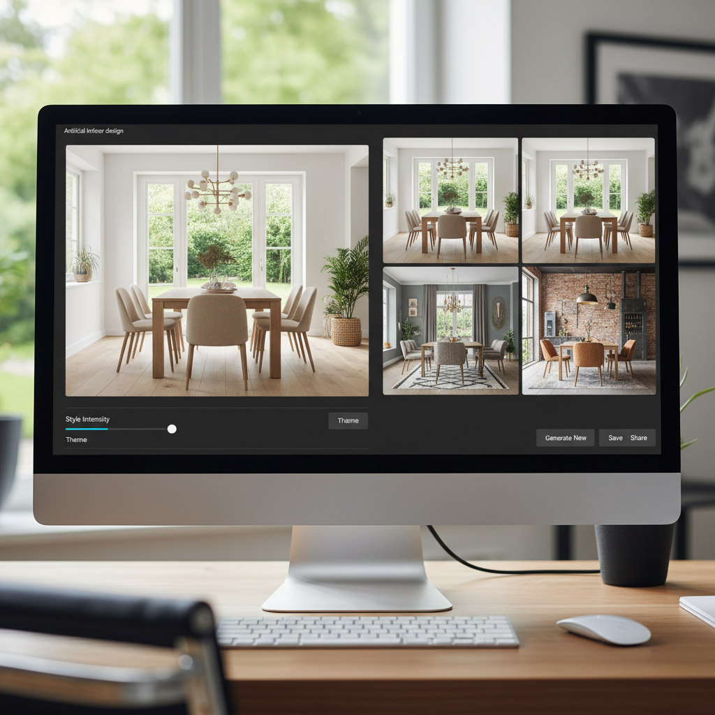 A screenshot of an AI interior design tool showcasing various design options for a dining room.