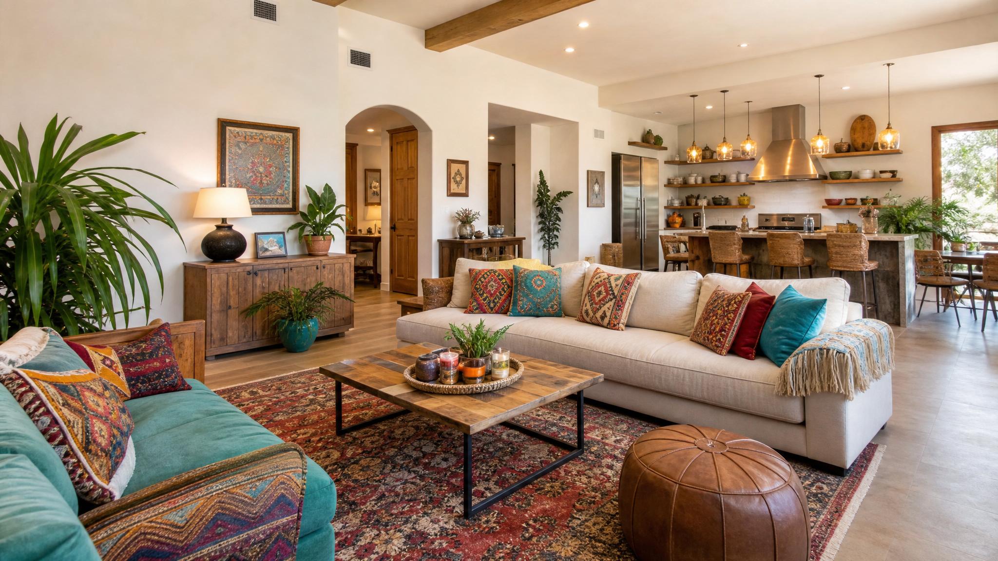 Image of a bohemian open-plan living room showcasing vibrant colors and eclectic decor.