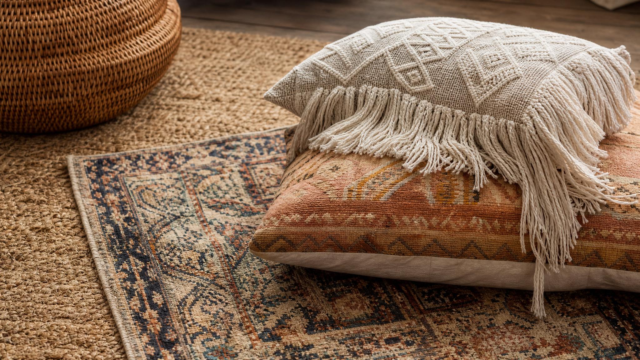 Close-up of layered textiles in bohemian decor, featuring rugs and cushions.