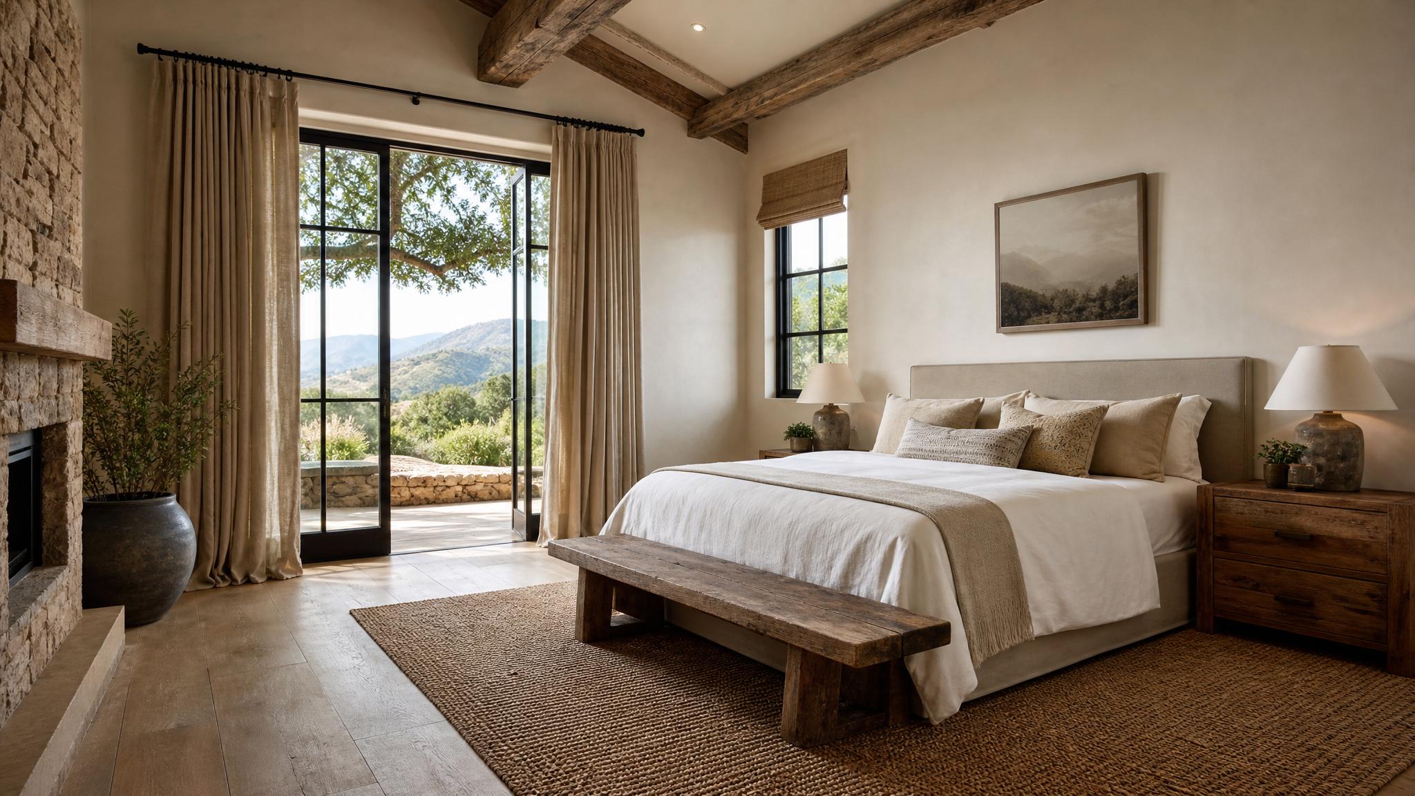Image of rustic elements like wooden beams and natural fabrics
