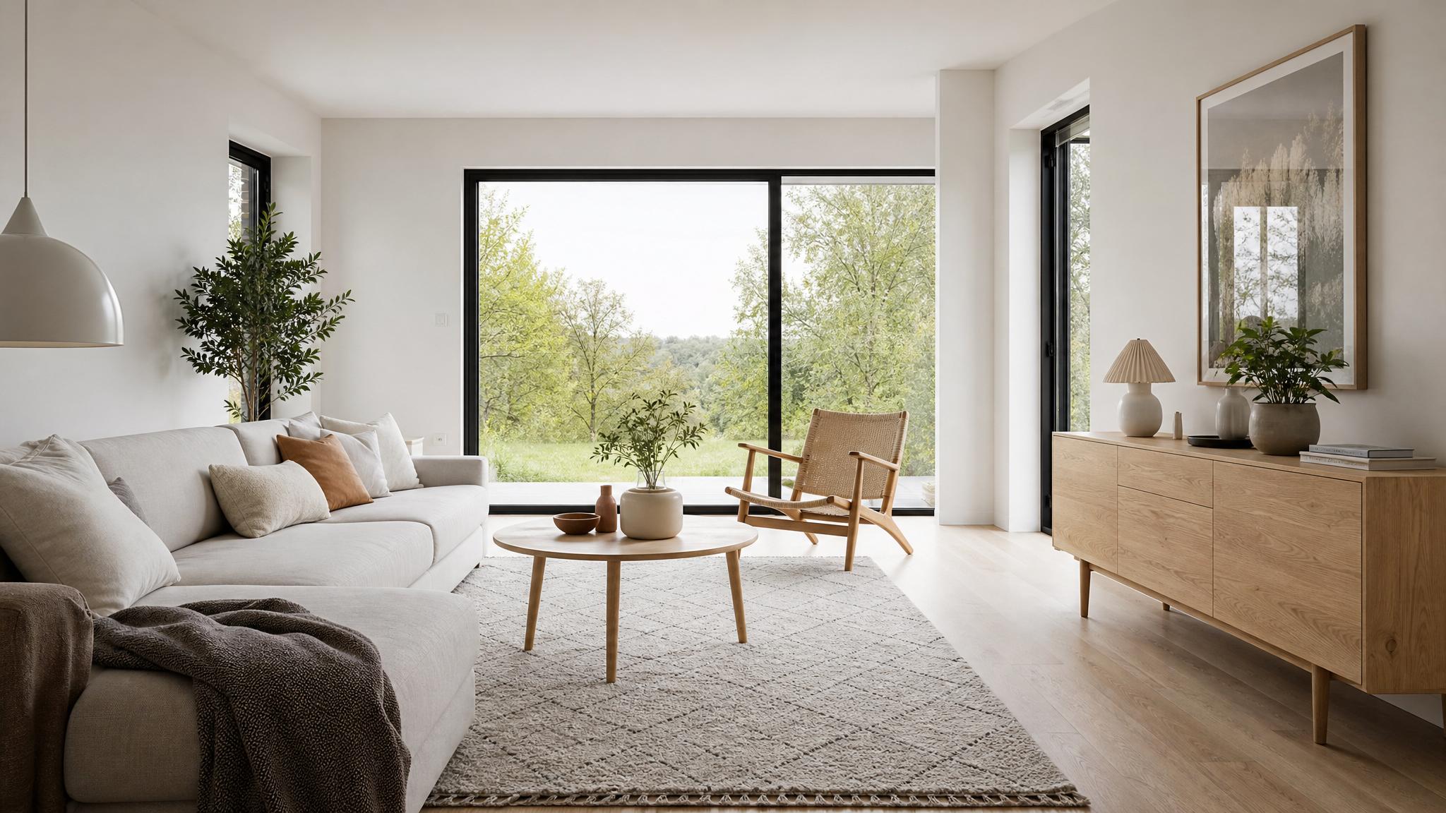 Scandinavian living room interior showcasing minimalistic design and a calm color palette.