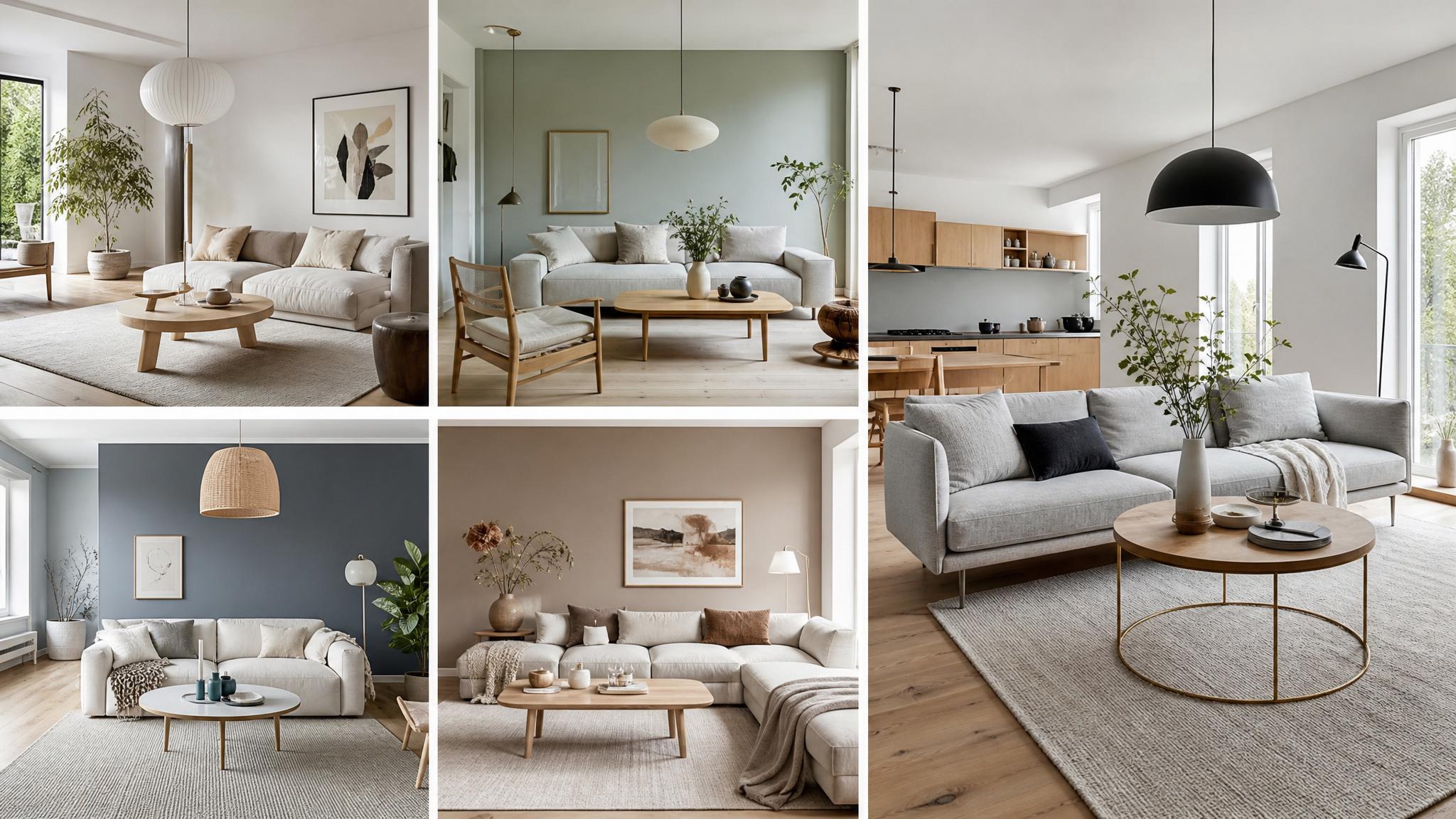 Collage of Scandinavian color combinations for living room interiors.