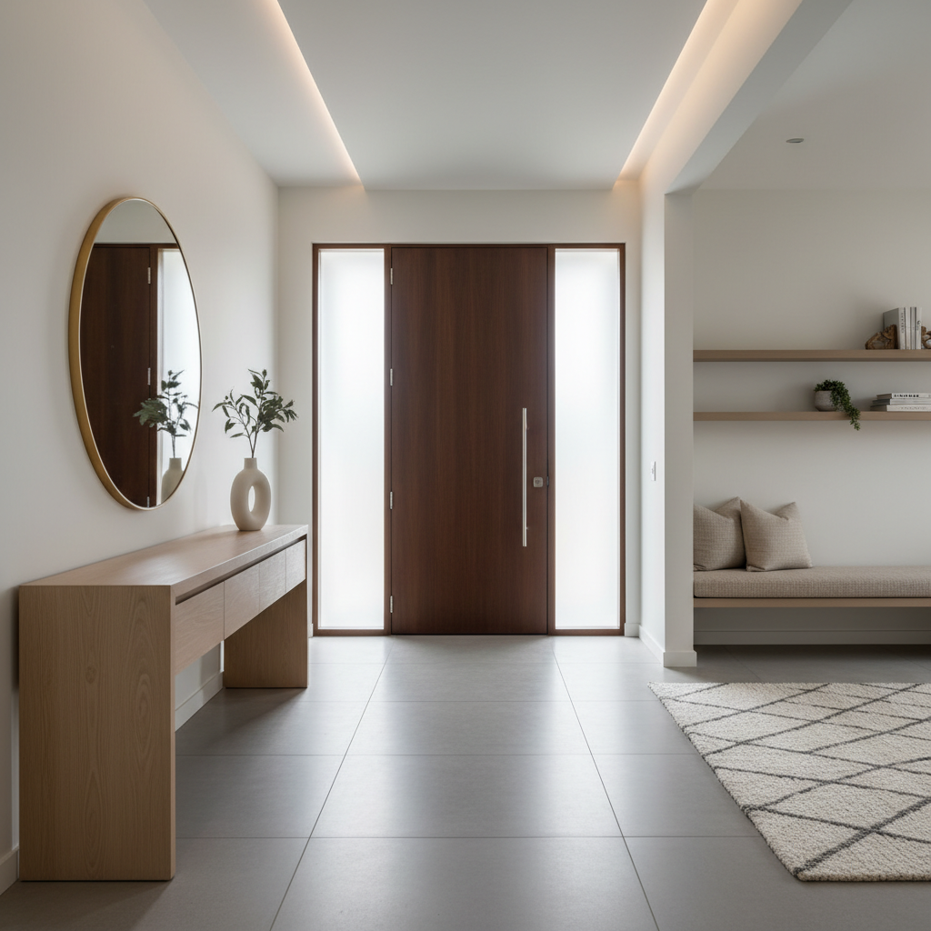 Image of a modern entryway showcasing clean lines and neutral colors.