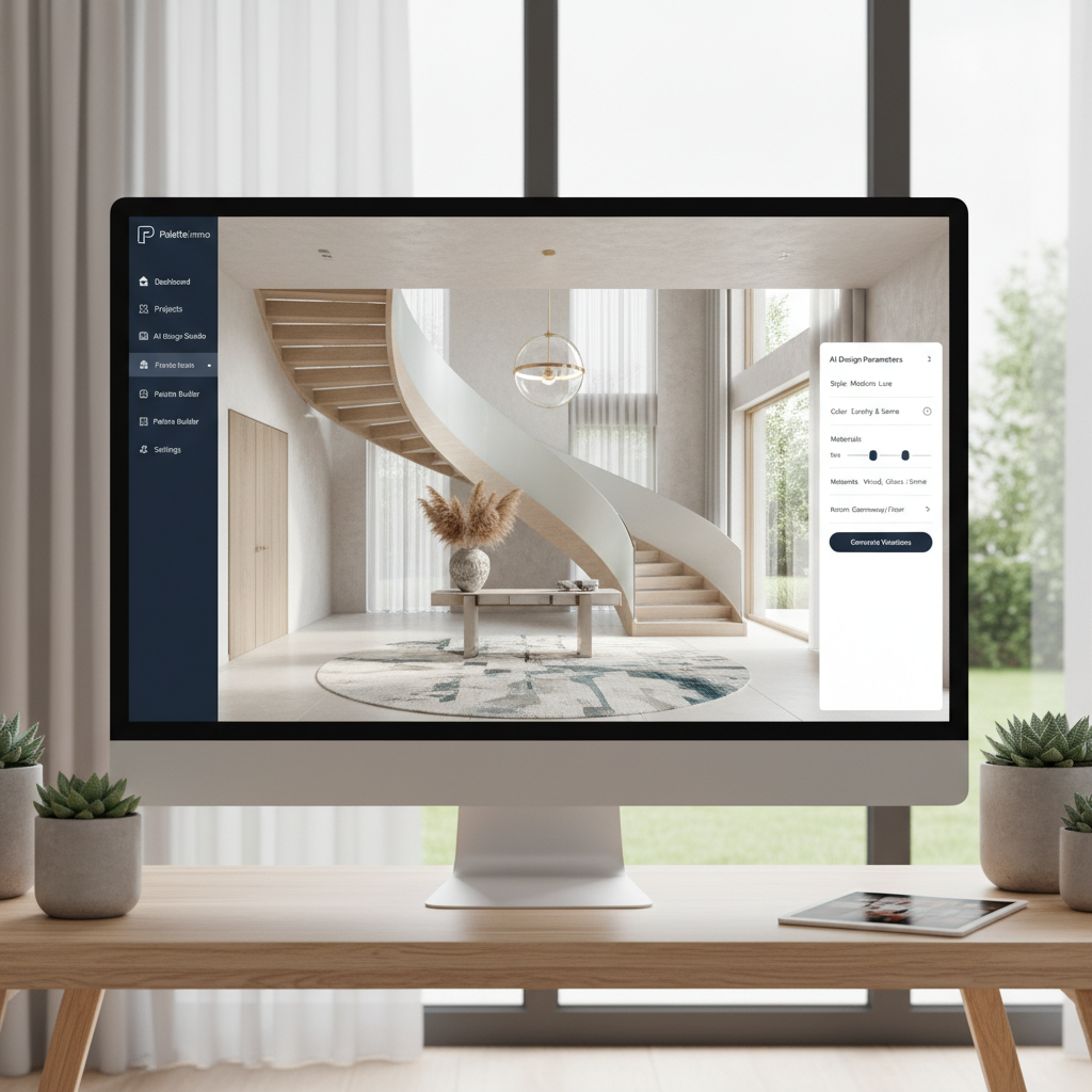 Screenshot of the Palette.immo interface showing an AI-generated entryway design.