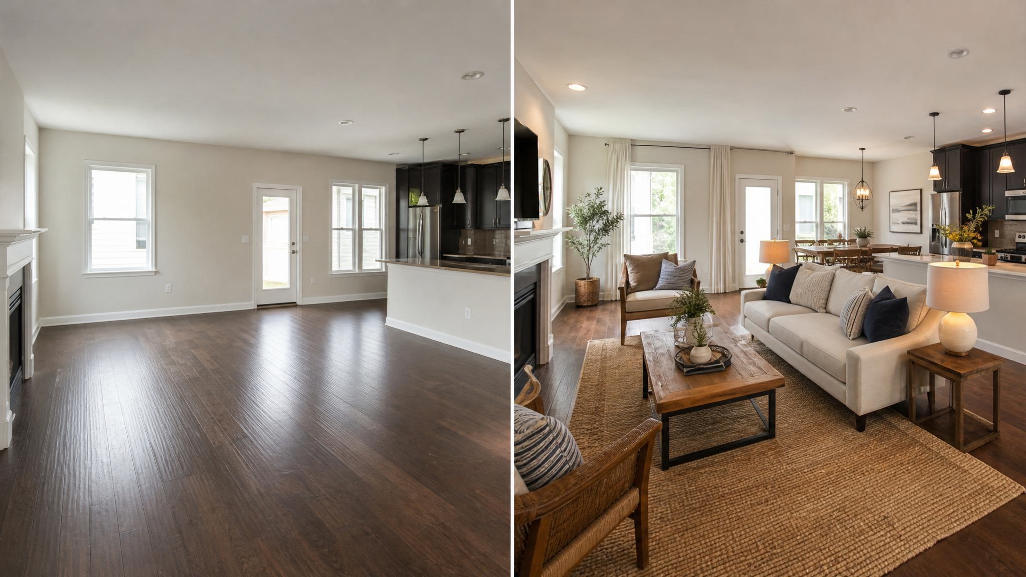 Before and after photo of a contemporary open-plan living room transformation.